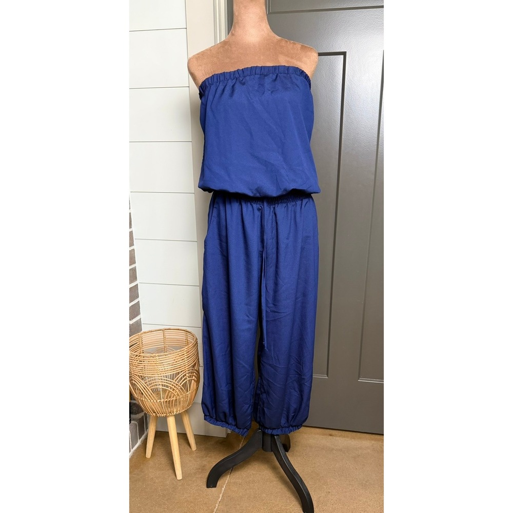 Body Central Boutique Navy Strapless Drawstring Jogger Jumpsuit Size L JD6456